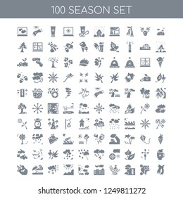 100 season universal icons pack with Field, Bee, Thermometer, Wheat, Night, Cloudy, Sun, Frost, Beach umbrella, Crops