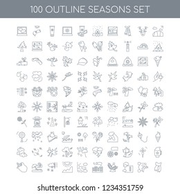 100 Seasons universal icons set with Field linear, Bee Thermometer Wheat Night Cloudy Sun Frost Beach umbrella Crops linear