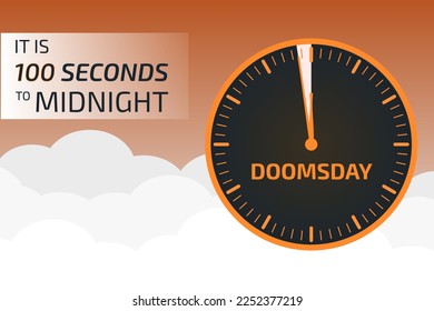 It is 100 seconds to midnight banner. Doomsday alarm poster. Doomsday clock. Symbol of global catastrophe, apocalypse sign. Flat vector illustration.