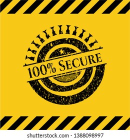 100% Secure black grunge emblem with yellow background. Vector Illustration. Detailed.