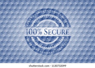100% Secure blue emblem or badge with abstract geometric pattern background.