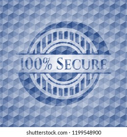 100% Secure blue emblem or badge with abstract geometric pattern background.