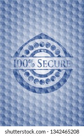 100% Secure blue emblem with geometric pattern background.