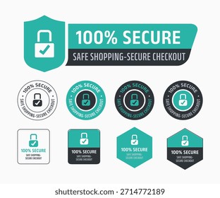 '100% Completar compra seguro y compras seguras' conjunto de insignias con iconos de escudo de bloqueo para compras seguras en línea. Ilustración vectorial. pago seguro y concepto de protección del Cliente.