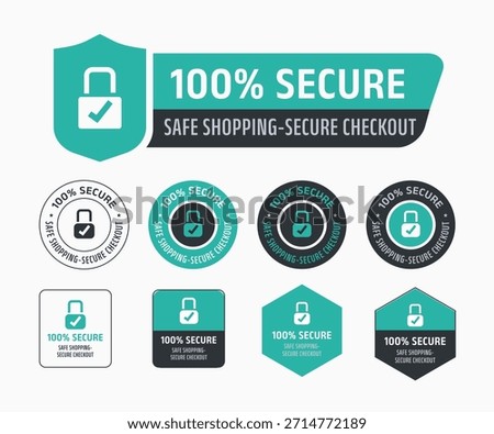 '100% secure checkout and safe shopping' Badge Set with Lock Shield Icons for Safe Online Shopping. vector illustration. secure payment and customer protection concept.