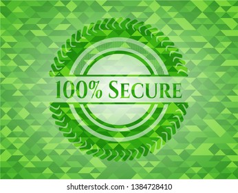 100% Secure green emblem with mosaic background. Vector Illustration. Detailed.