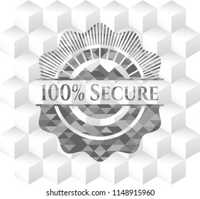 100% Secure grey emblem. Retro with geometric cube white background