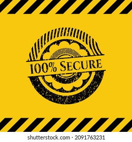 100% Emblema negro grunge seguro con fondo amarillo, signo de advertencia. Ilustración vectorial. Detallado. 