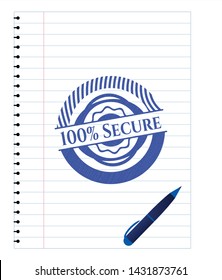 100% Secure pen strokes emblem. Blue ink. Vector Illustration. Detailed.