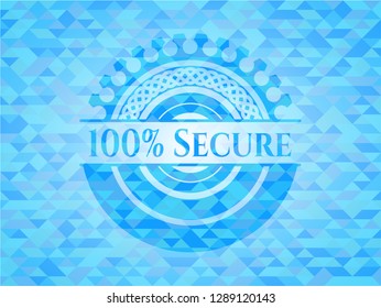 100% Secure realistic light blue emblem. Mosaic background