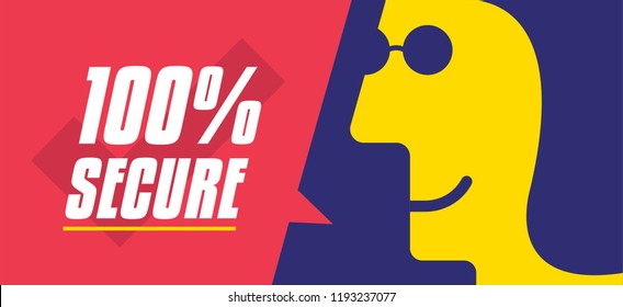 "100% secure" sign with chat bubble vector illustration. Woman saying "100% secure". Business and Digital marketing concept for website and banners promotions