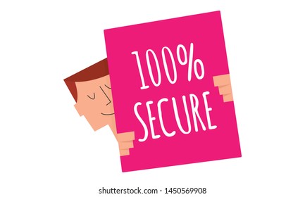 
100% secure sign on a board vector illustration. Man holding a sign "
100% secure". Business and Digital marketing concept for website and banners promotions.