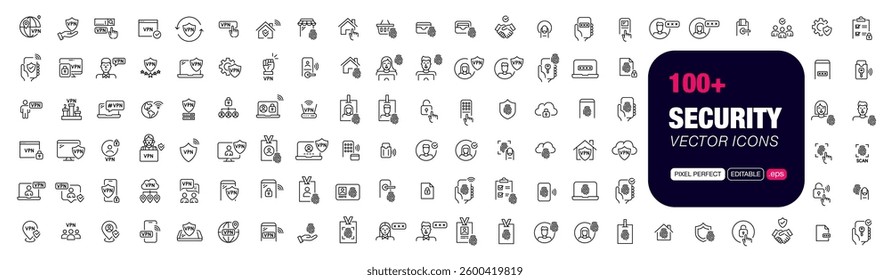 100 security and biometric identification icons. VPN wi-fi access, fingerprint protected accounts and data. Pixel perfect, editable stroke vector icons set