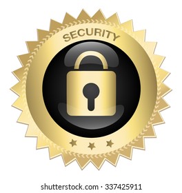 100% Security guaranteed seal or icon with padlock symbol. Glossy golden seal or button with stars.