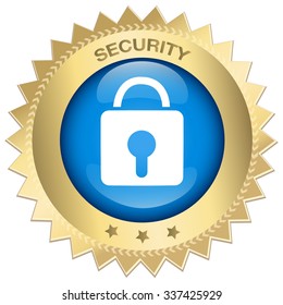 100% Security guaranteed seal or icon with padlock symbol. Glossy golden seal or button with stars.