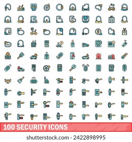 100 security icons set. Color line set of security vector icons thin line color flat on white