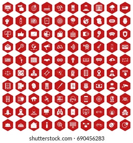 100 security icons set in red hexagon isolated vector illustration