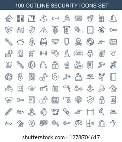 100 security icons. Trendy security icons white background. Included outline icons such as scarecrow, siren, intercom, heart key, key, smart home. security icon for web and mobile.