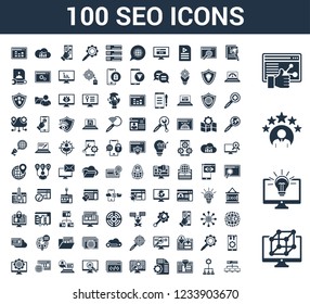 100 SEO universal icons set with Computer, Idea, Rating, Browser, Analytics, Networking, Contract, Monitor, Browser