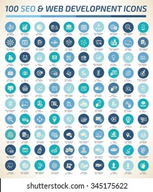 100 SEO And Web Development Icon Set,blue Vector