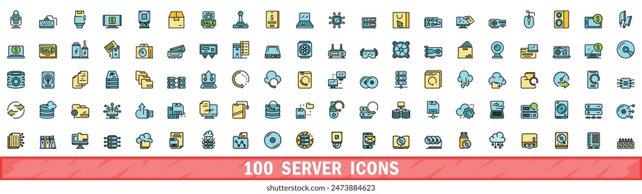 100 server icons set. Color line set of server vector icons thin line color flat on white