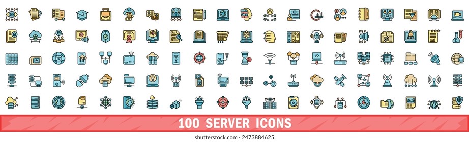 100 server icons set. Color line set of server vector icons thin line color flat on white