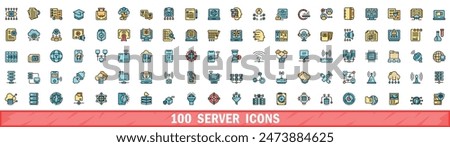 100 server icons set. Color line set of server vector icons thin line color flat on white