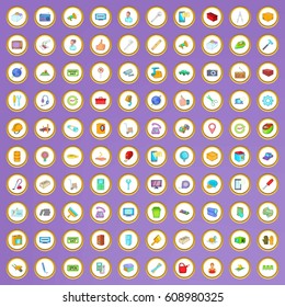 100 service icons set in cartoon style on purple background vector illustration