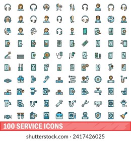 100 service icons set. Color line set of service vector icons thin line color flat on white