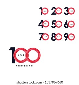 100 and set 10, 20, 30, 40, 50, 60, 70, 80, 90 year anniversary logo template vector