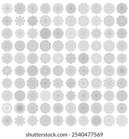 100 Set abstract geometric mandala round ornament coloring book pages bundle, vector file,Mehndi, tattoo, decoration. Decorative ornament in ethnic oriental style. Coloring book page Bundle