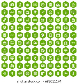 100 settings icons set in green hexagon isolated vector illustration