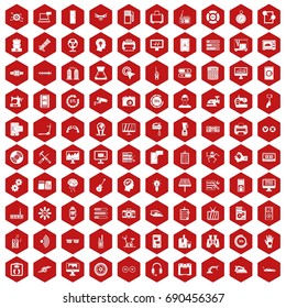 100 settings icons set in red hexagon isolated vector illustration