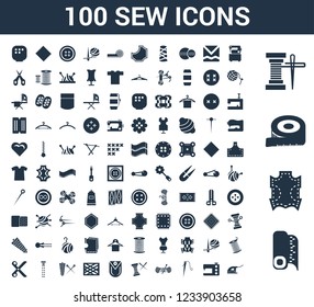 100 sew universal icons set with Fabric, Leather, Measuring tape, Spool of thread, Sewing machine, Sewing, Crochet, Thread, Pocket