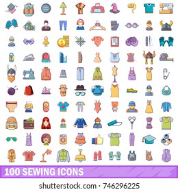100 sewing icons set. Cartoon illustration of 100 sewing vector icons isolated on white background