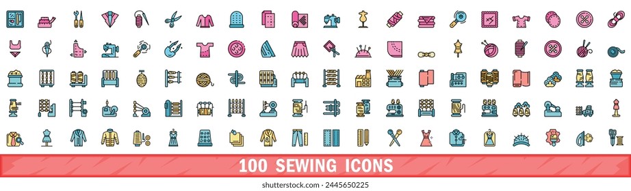 100 sewing icons set. Color line set of sewing vector icons thin line color flat on white