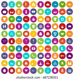 100 sewing icons set in different colors circle isolated vector illustration