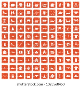 100 sewing icons set in grunge style orange color isolated on white background vector illustration