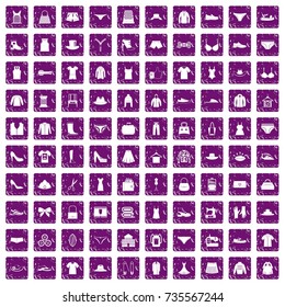 100 sewing icons set in grunge style purple color isolated on white background vector illustration