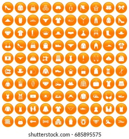 100 sewing icons set in orange circle isolated on white vector illustration
