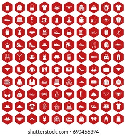 100 sewing icons set in red hexagon isolated vector illustration