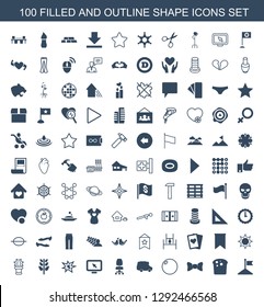 100 shape icons. Trendy shape icons white background. Included filled and outline icons such as flag, bread, bow tie, bowling ball, van, office chair. shape icon for web and mobile.