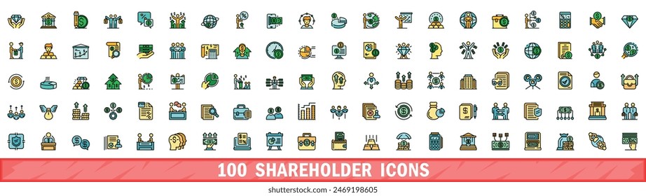 100 shareholder icons set. Color line set of shareholder vector icons thin line color flat on white