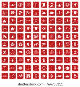 100 shield icons set in grunge style red color isolated on white background vector illustration