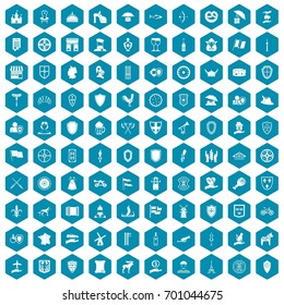 100 shield icons set in sapphirine hexagon isolated vector illustration