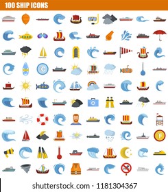100 ship icon set. Flat set of 100 ship vector icons for web design