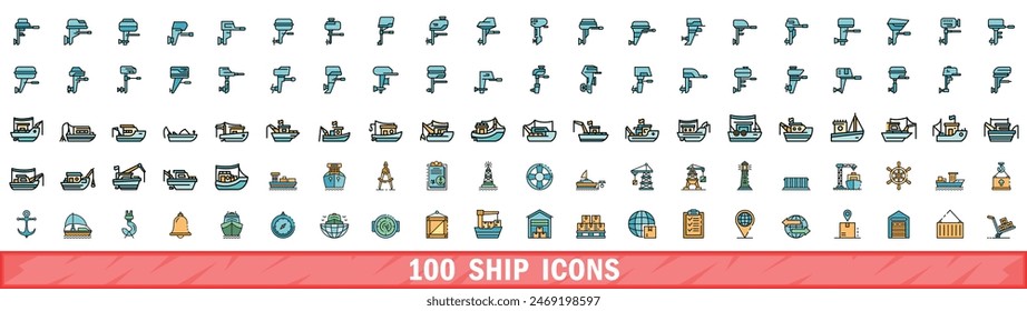 100 ship icons set. Color line set of ship vector icons thin line color flat on white