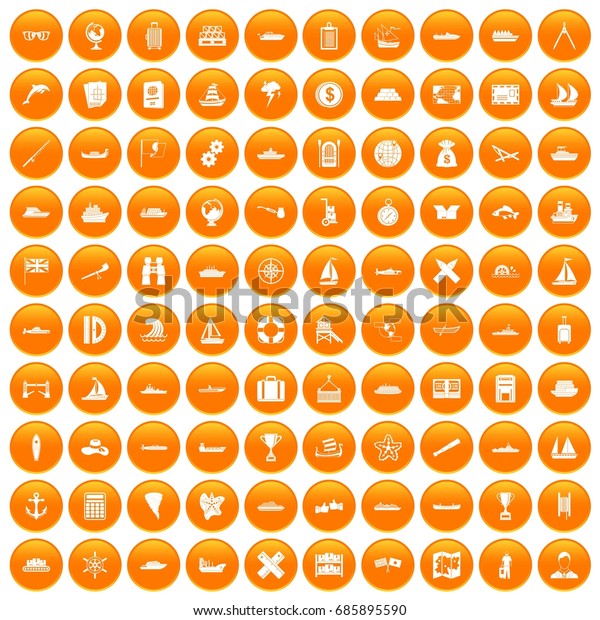 100 shipping icons set in orange circle\
isolated on white vector\
illustration
