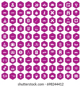 100 shipping icons set in violet hexagon isolated vector illustration