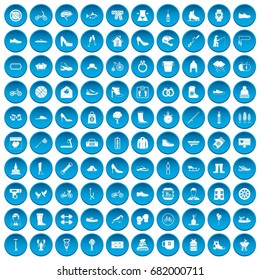 100 shoe icons set in blue circle isolated on white vector illustration